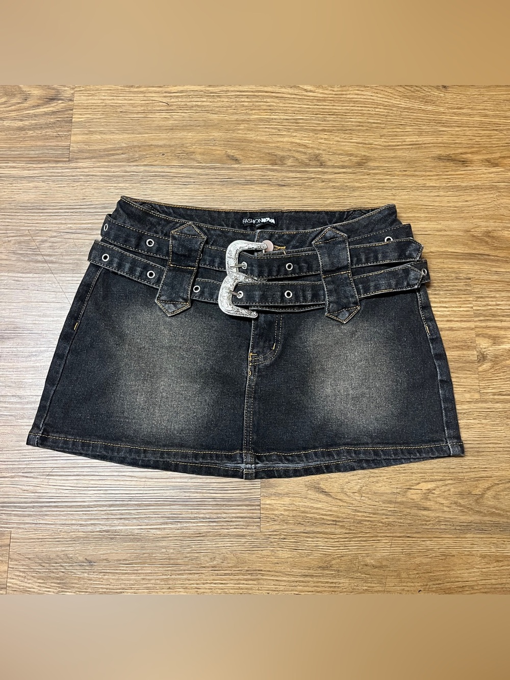 Y2K Women’s Black Washed Denim Micro Mini Skirt Double Buckle Belt Grunge Small
